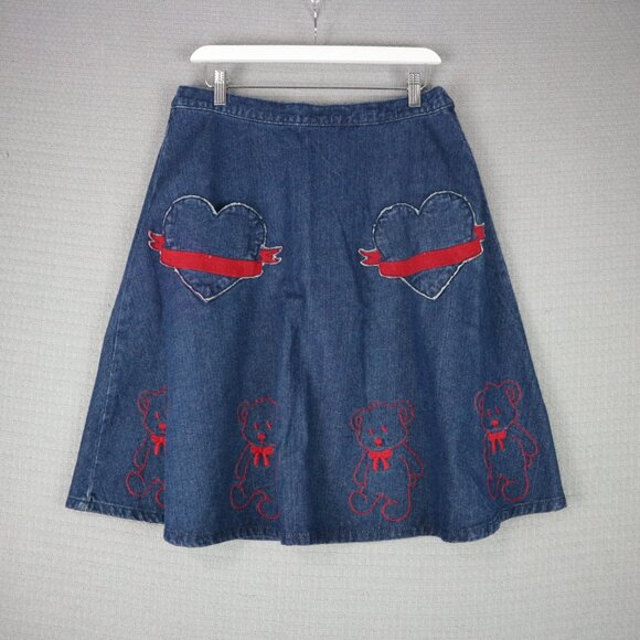 Candy Stripper Japan Embroidered Bear Hearts Denim Skirt - Picture 1 of 8